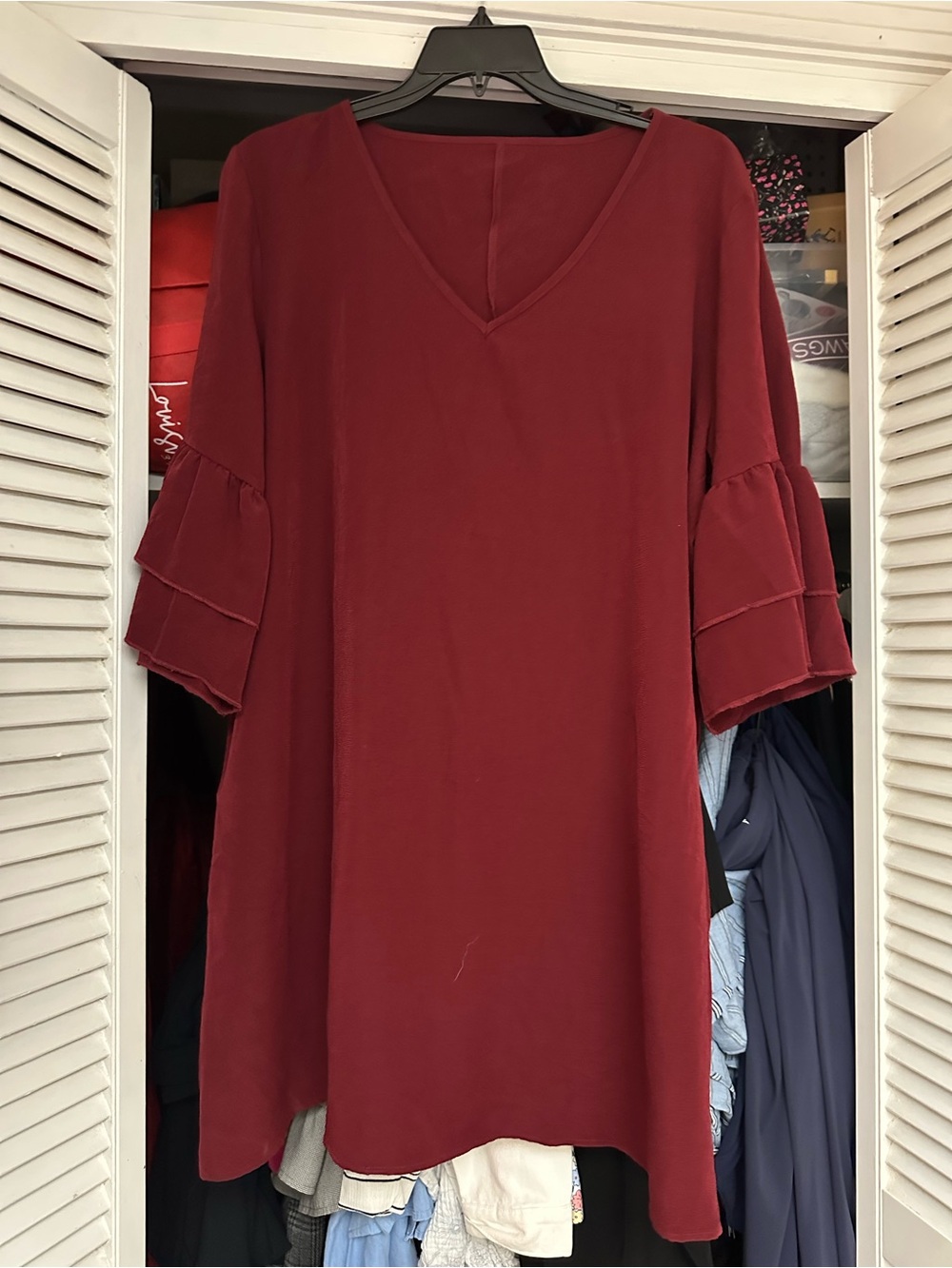 H&M Burgundy V-Neck Tiered Ruffle Sleeve Tunic